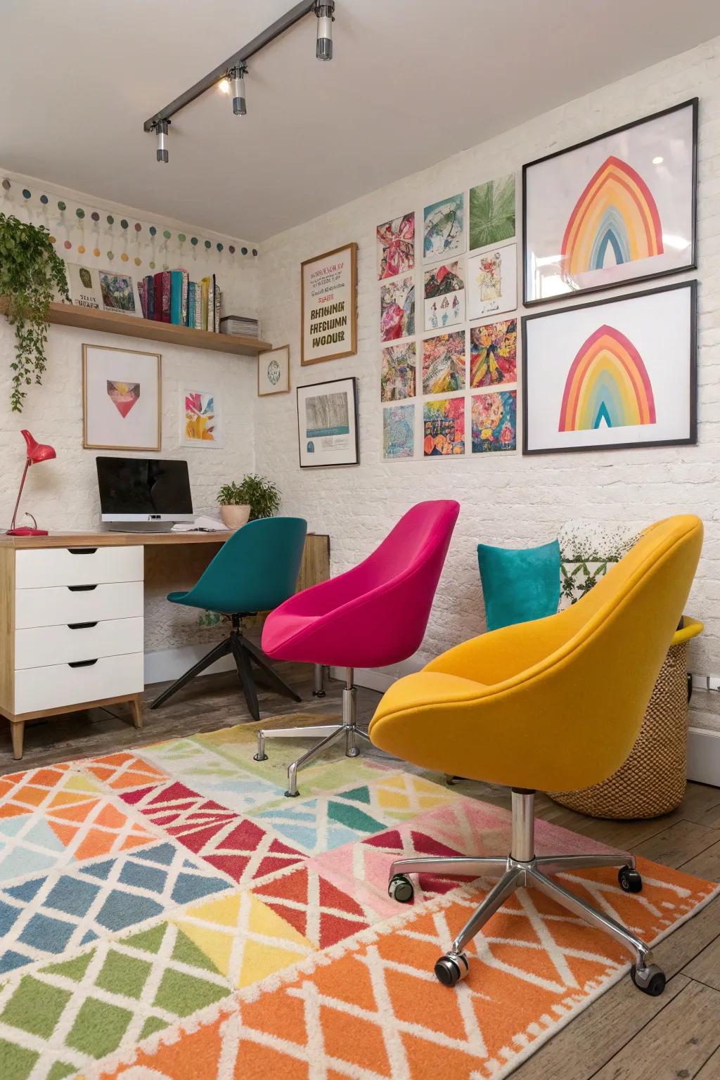 Colorful accents infuse energy and personality into this office.