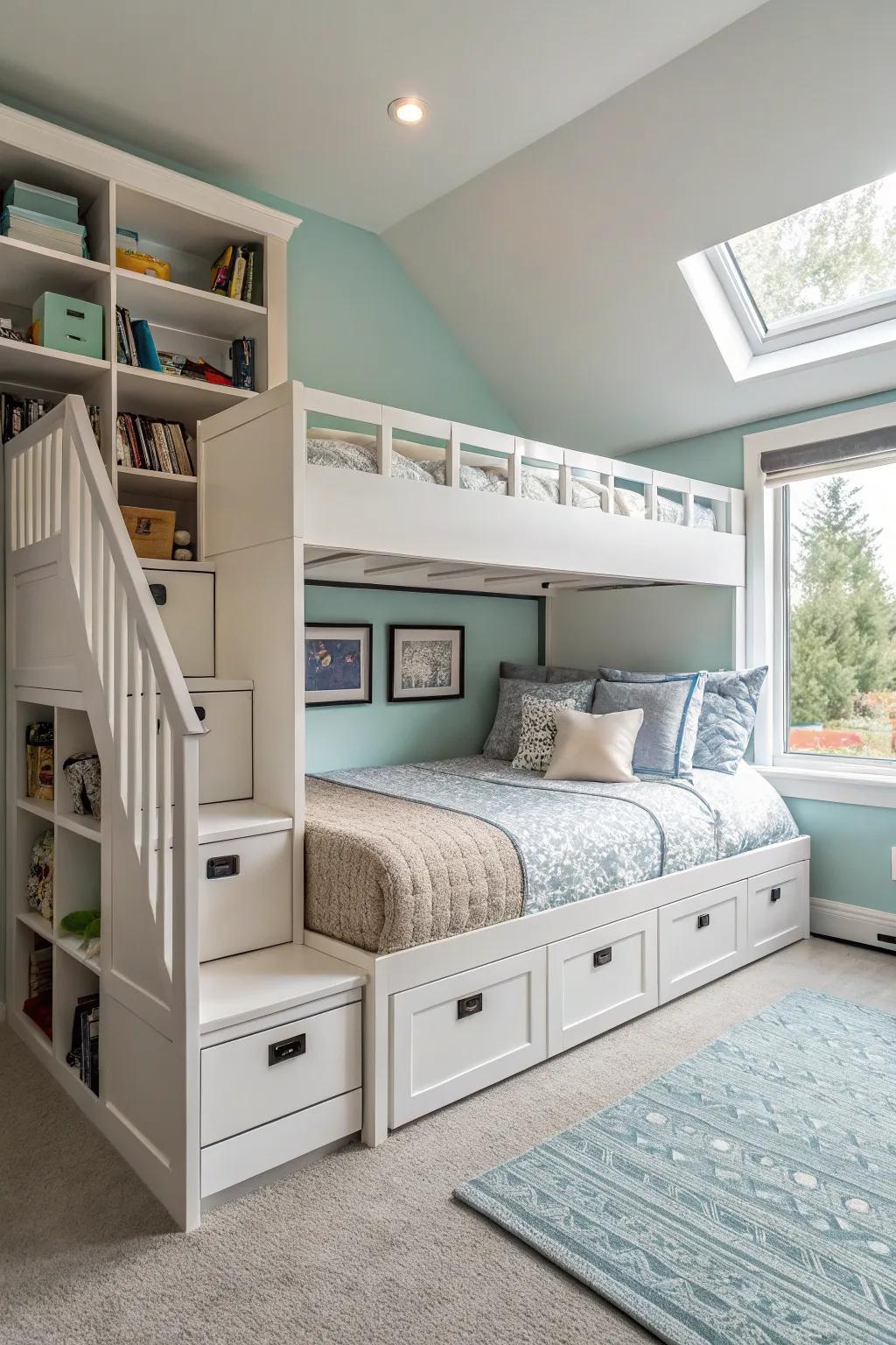 Loft beds provide a space-saving solution while dividing a shared bedroom.