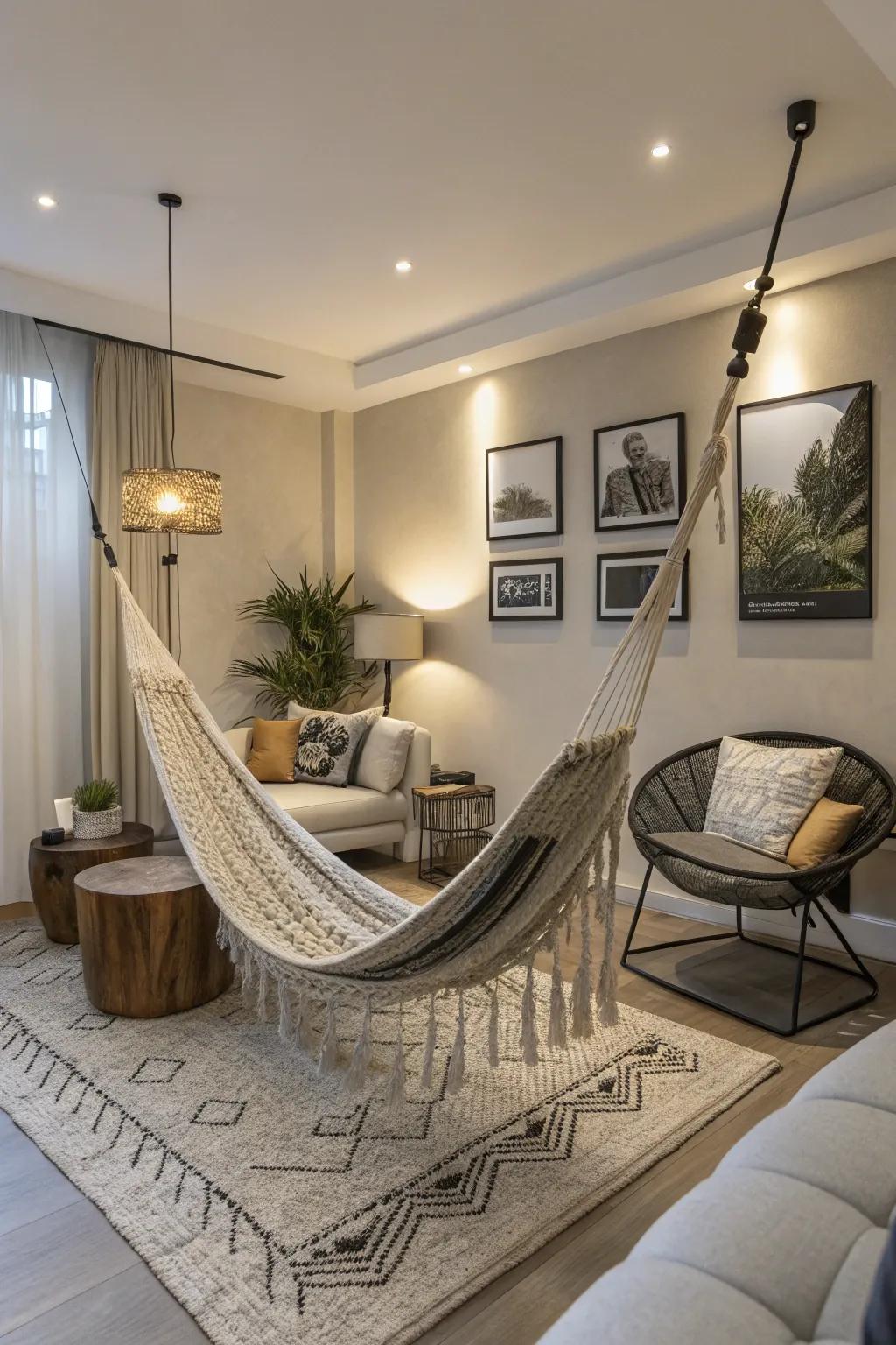 An indoor hammock setup that seamlessly blends into a modern living space.