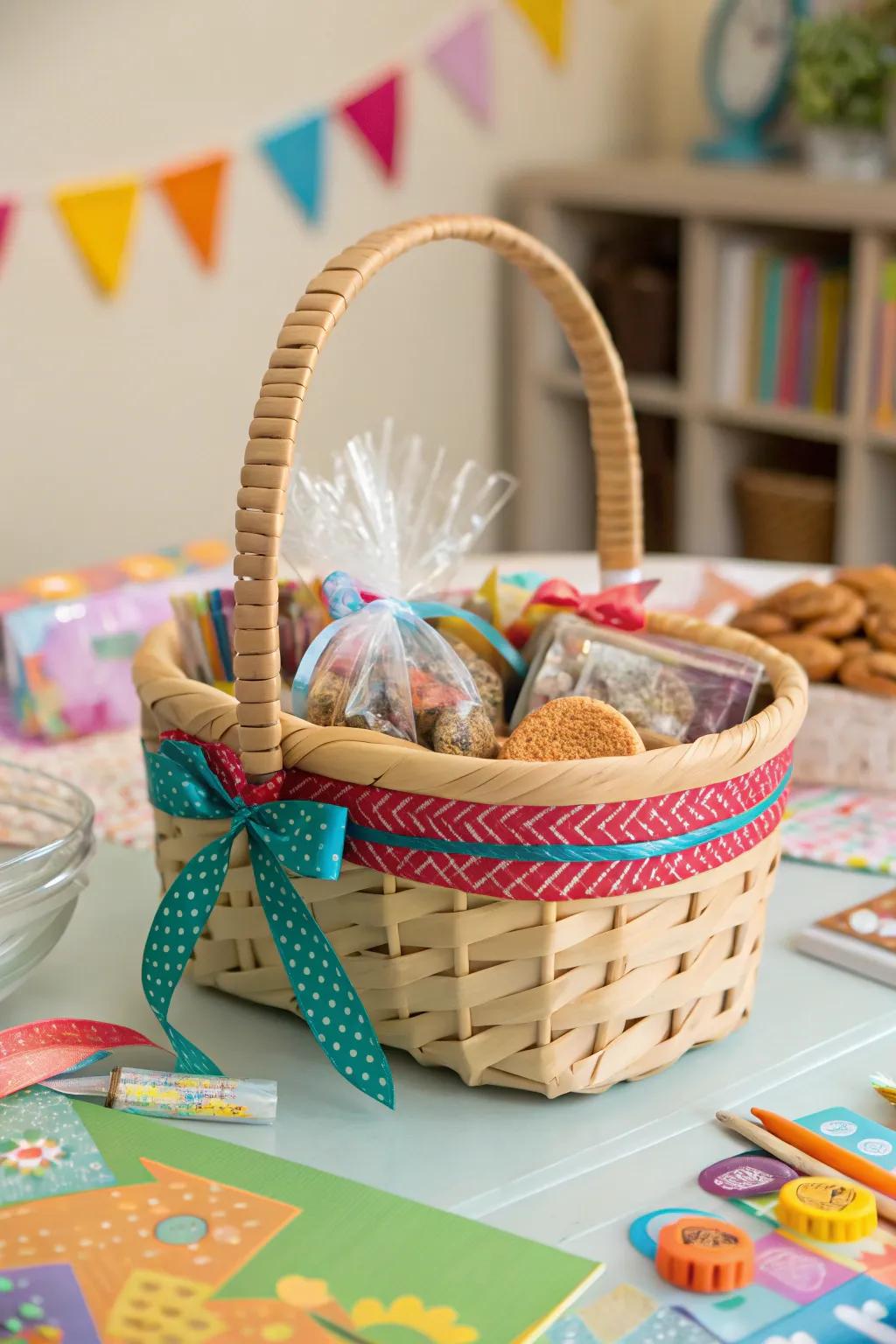 A playful ribbon weave design on a gift basket.