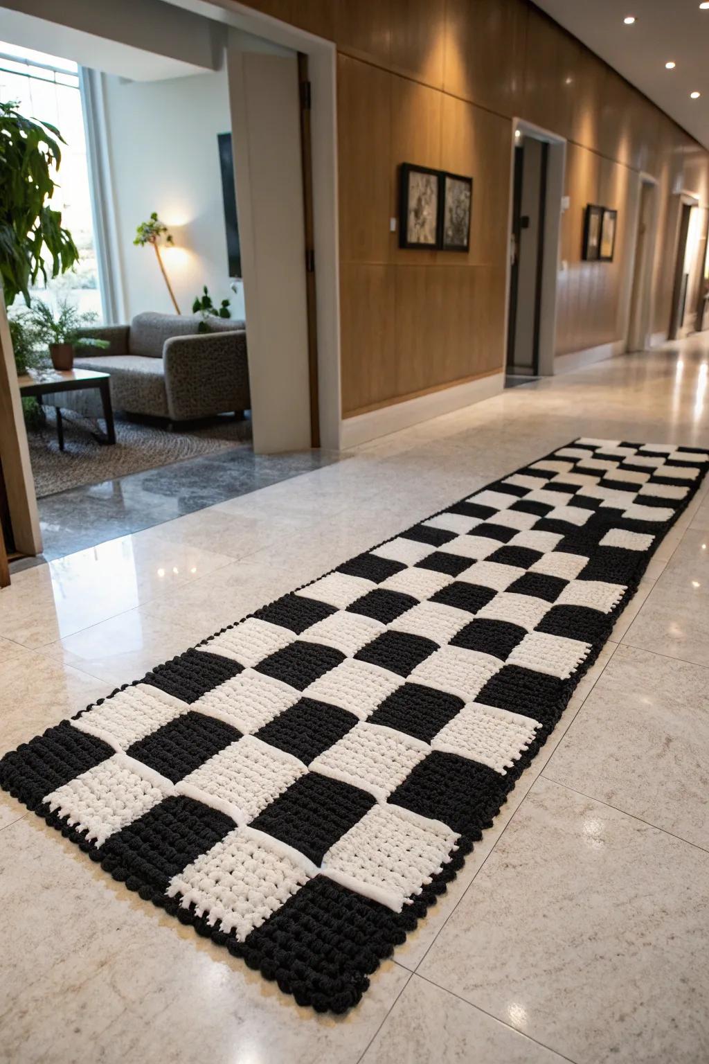 A stylish checkerboard crochet rug in a hallway.