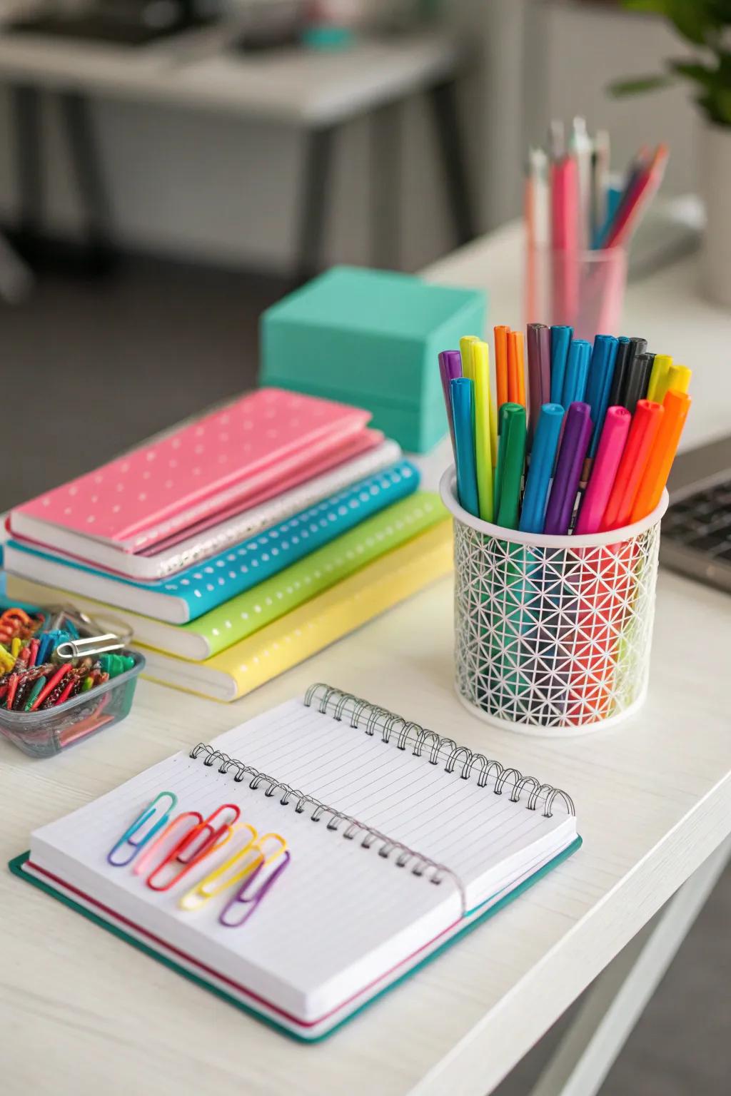 Colorful desk accessories can brighten your workday.