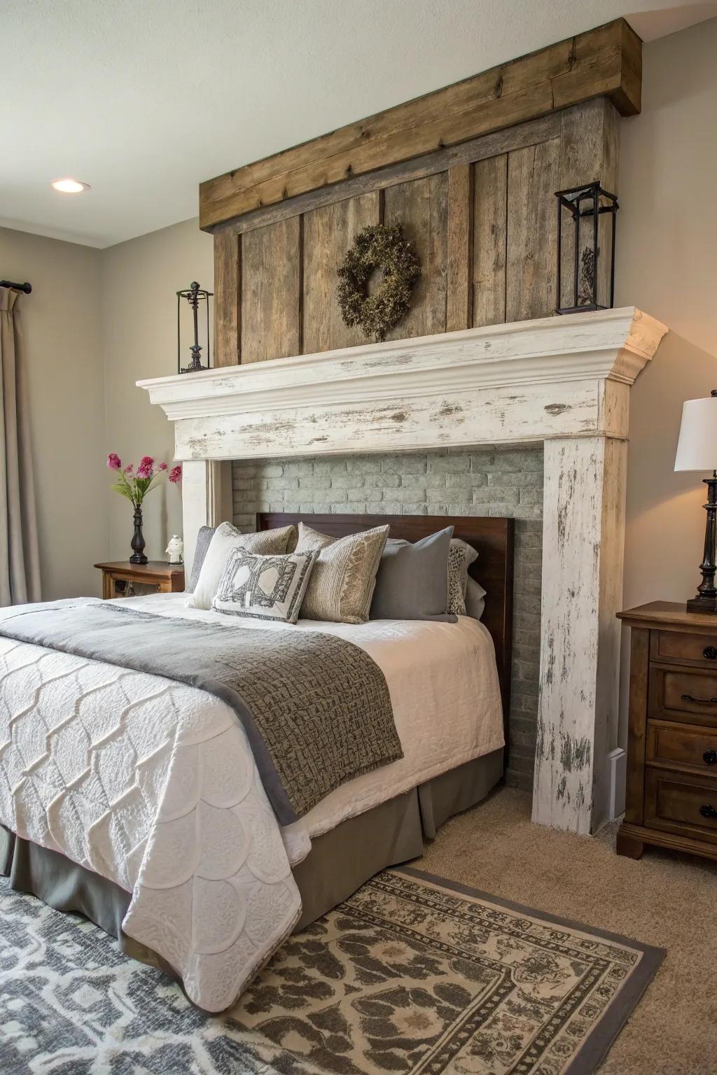 A mantel headboard creates a striking focal point.