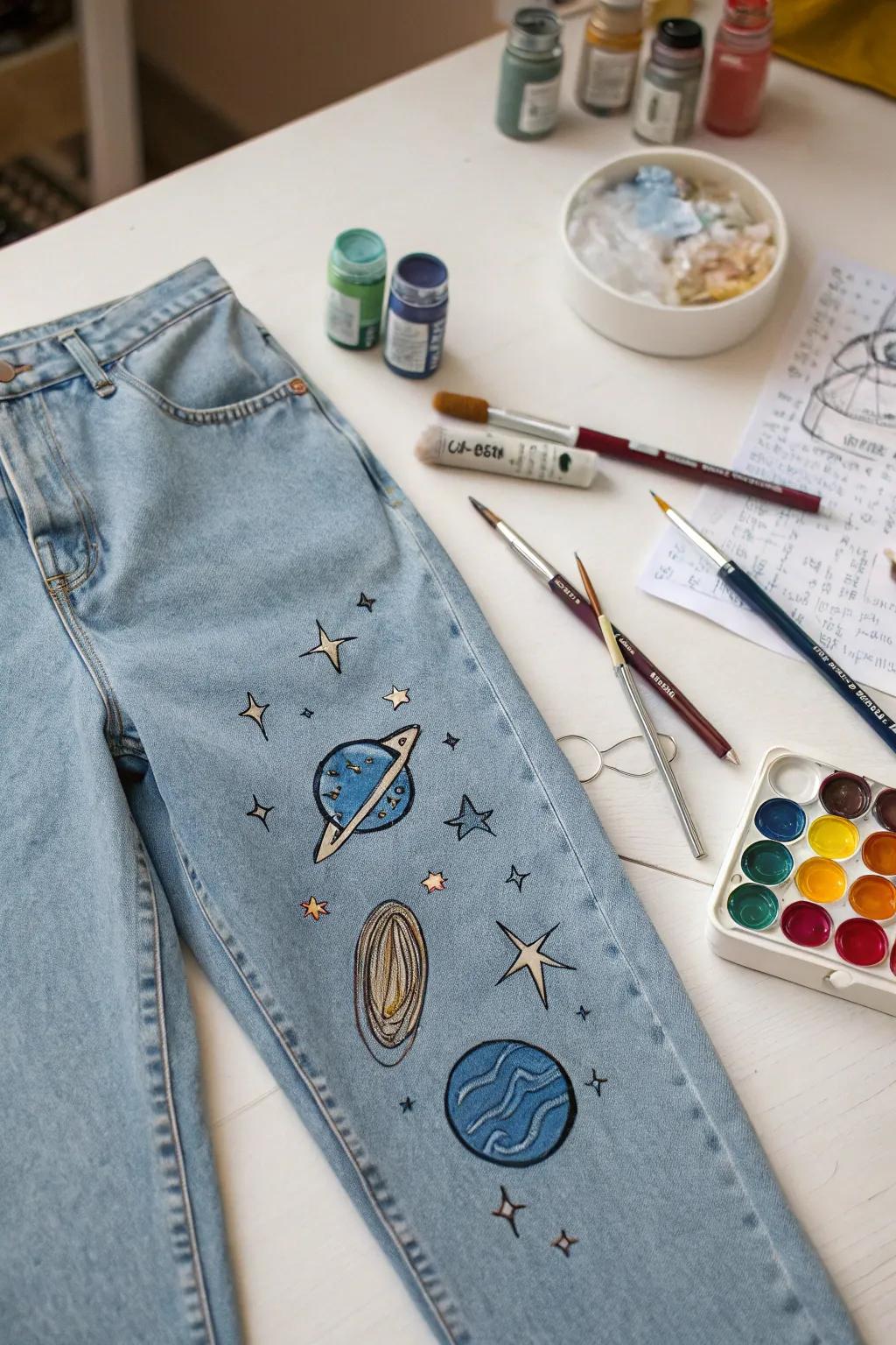 Doodle designs bring a whimsical touch to denim fashion.