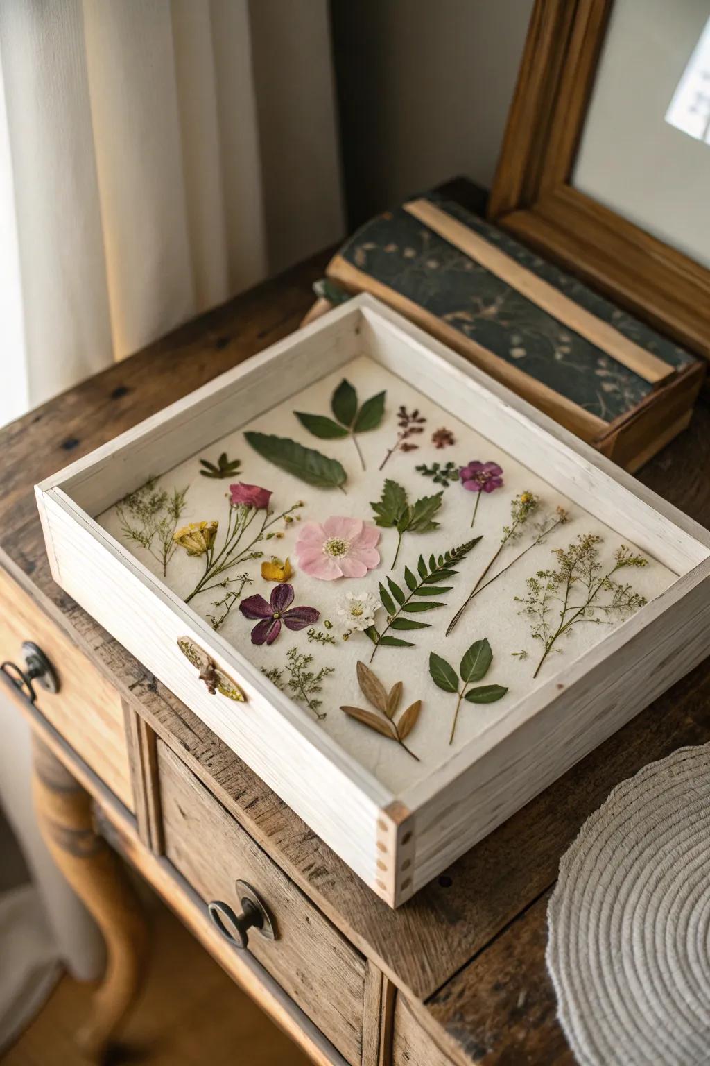 A box adorned with pressed flowers and leaves.