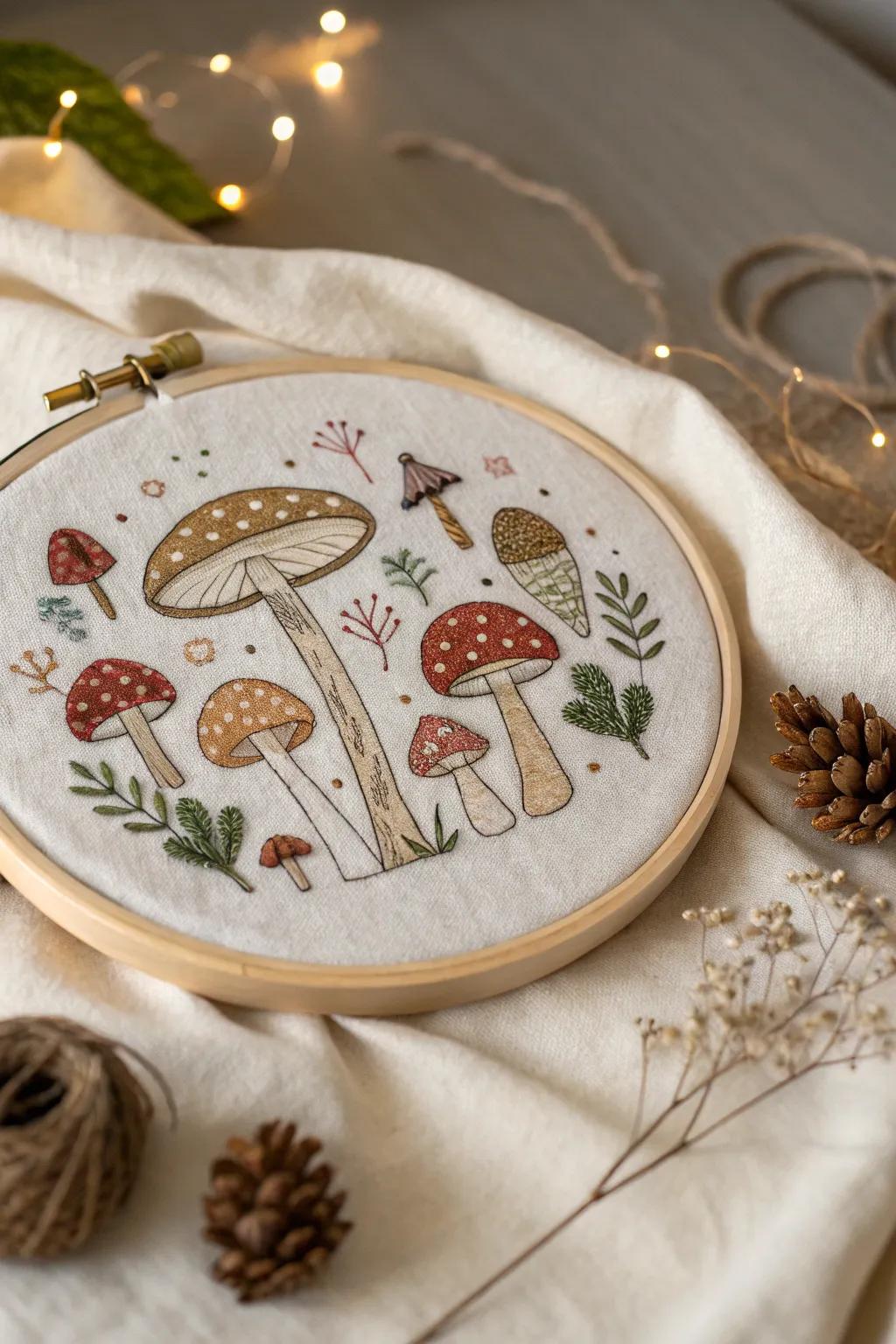 Add a touch of whimsy to your decor with these enchanting cross-stitched mushrooms.
