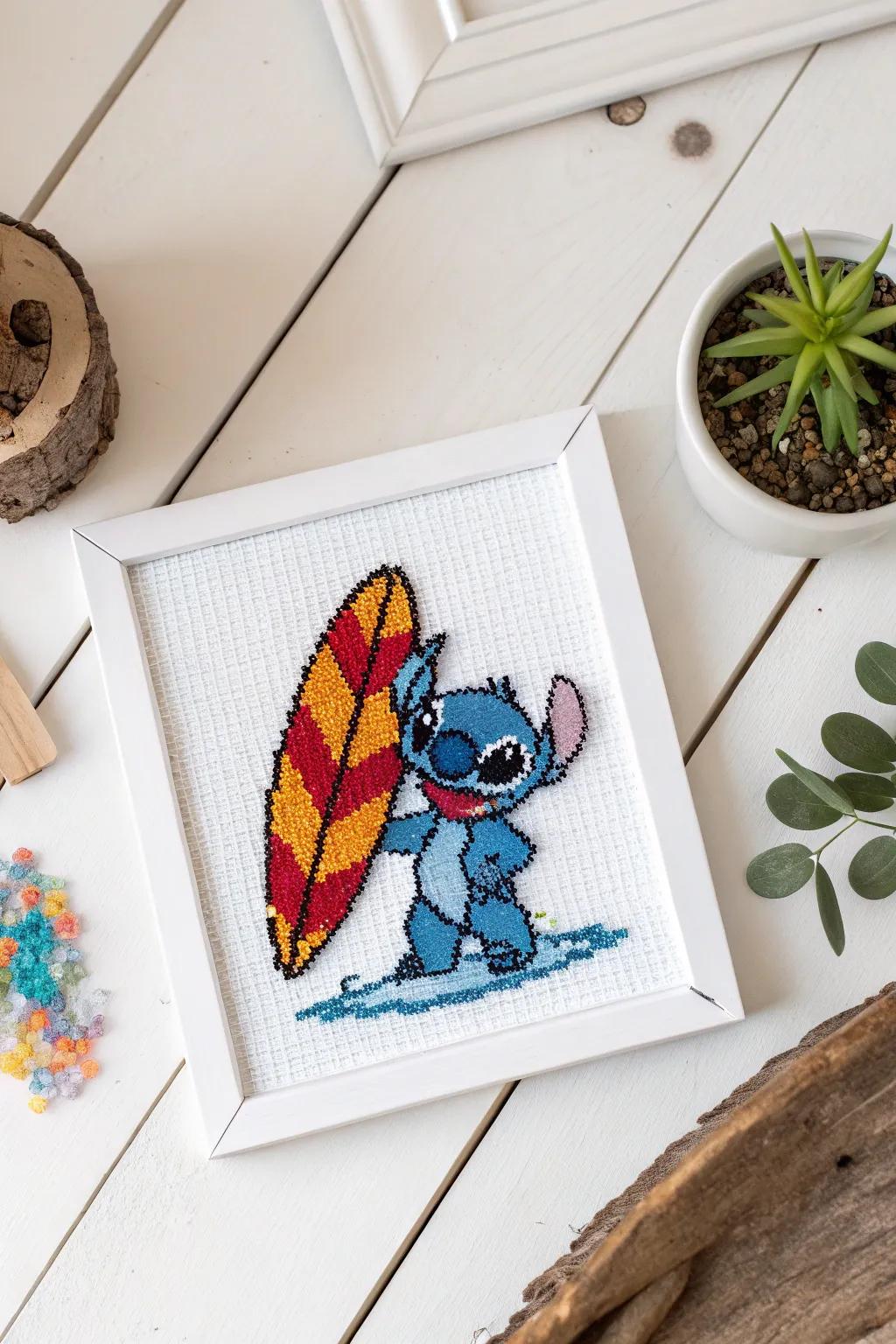 Bring a touch of island adventure to your decor with this charming Stitch surfboard design. Perfect for those who love a mix of minimalism and boho flair.