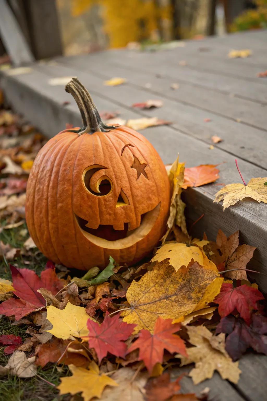 A peek-a-boo pumpkin adds playfulness to your porch.