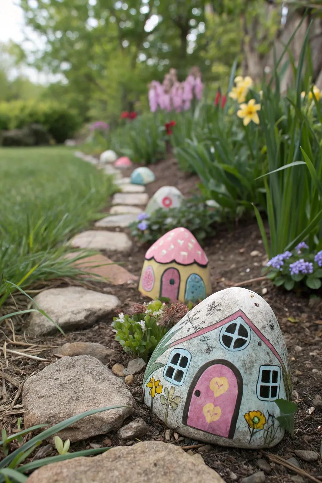 Create a magical fairy village with charming fairy house rocks.