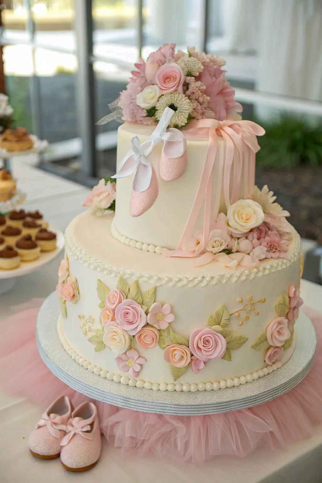 A floral-themed ballet birthday cake.