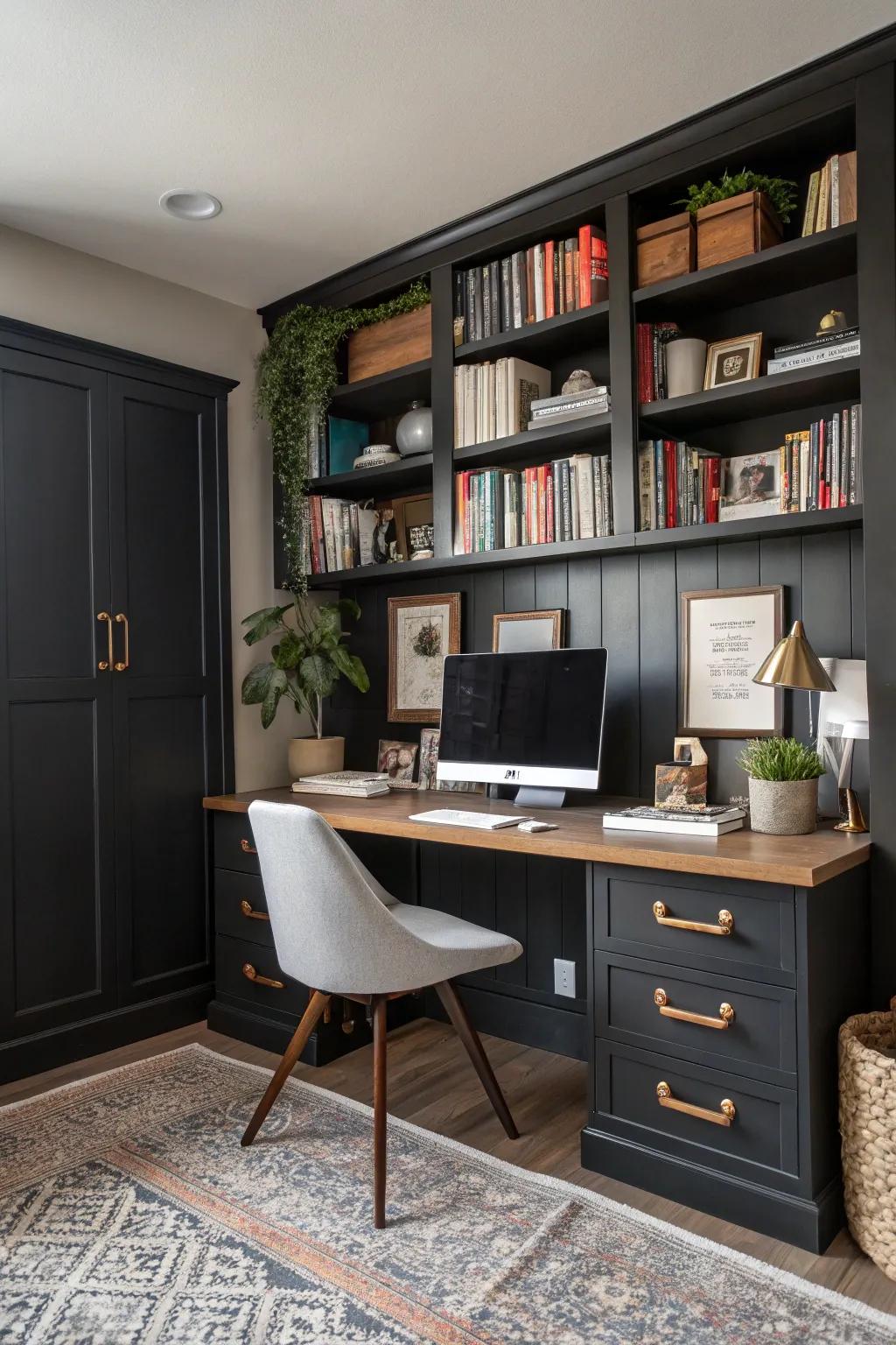 Elegant home office with dark baseboards