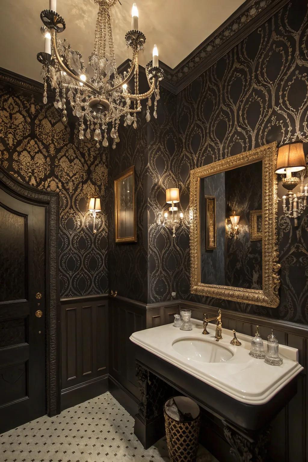 Gothic-inspired wallpaper adds drama and glamour to your bathroom.