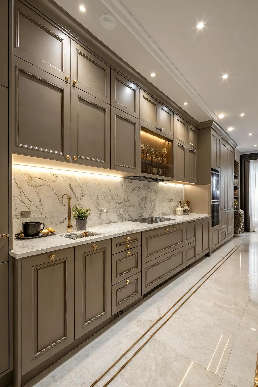 Marble countertops add luxury to dark beige kitchen designs.