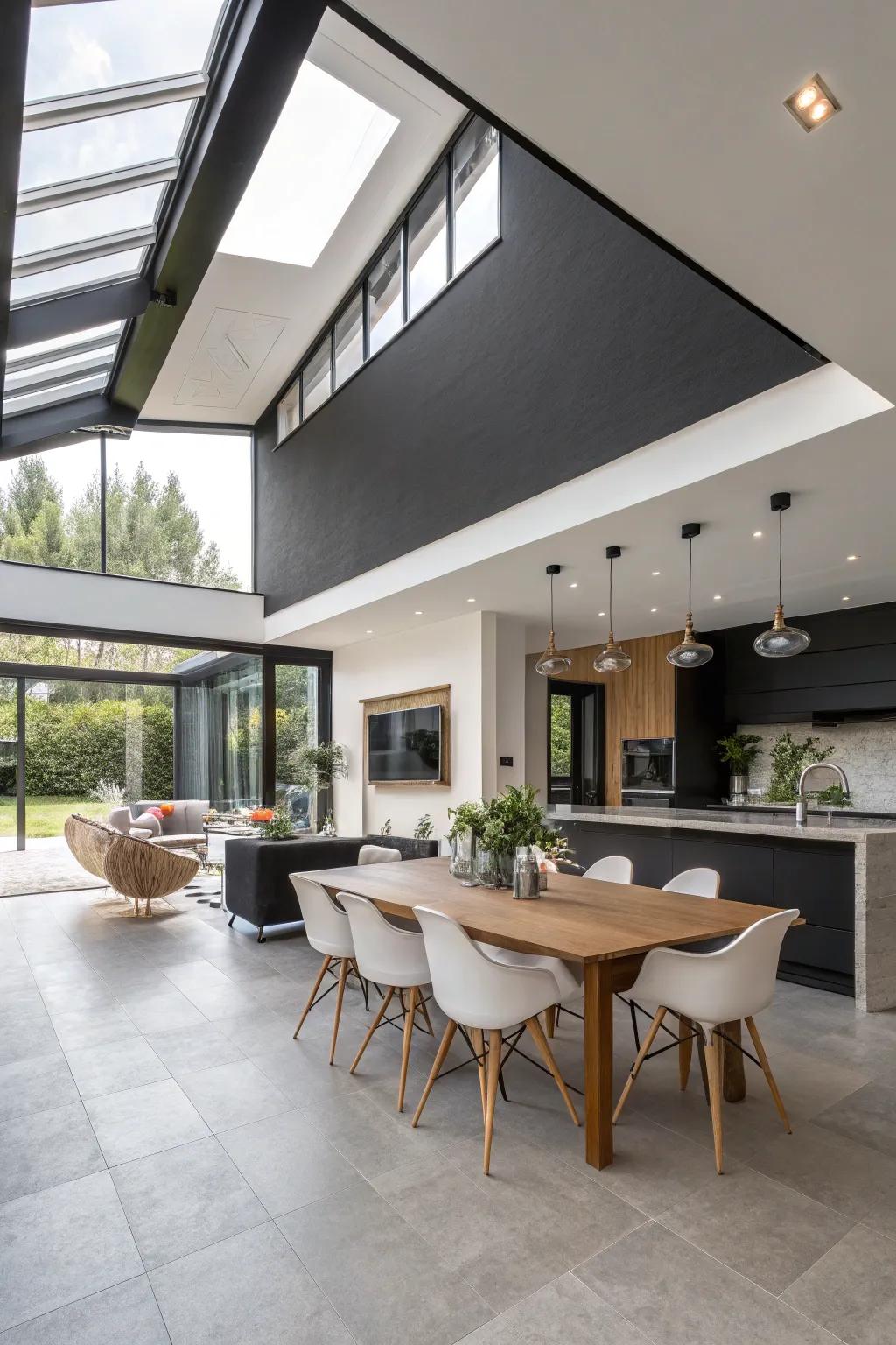 An open-plan home featuring a separated black ceiling defining the dining area.