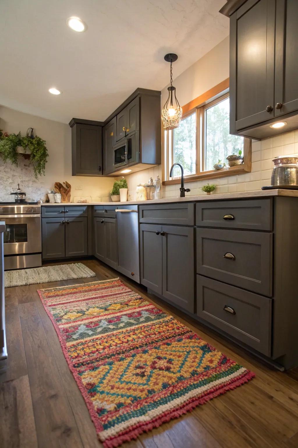 Textured rugs soften the look and add warmth to the kitchen.