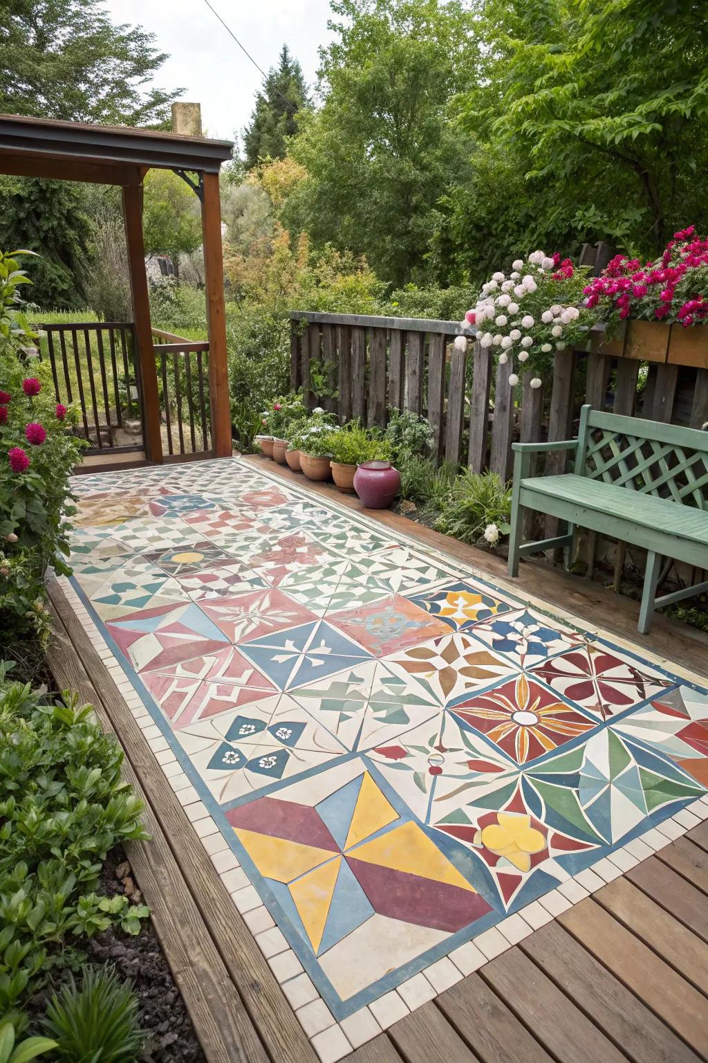 Geometric tile patterns offer creative expression on your deck.