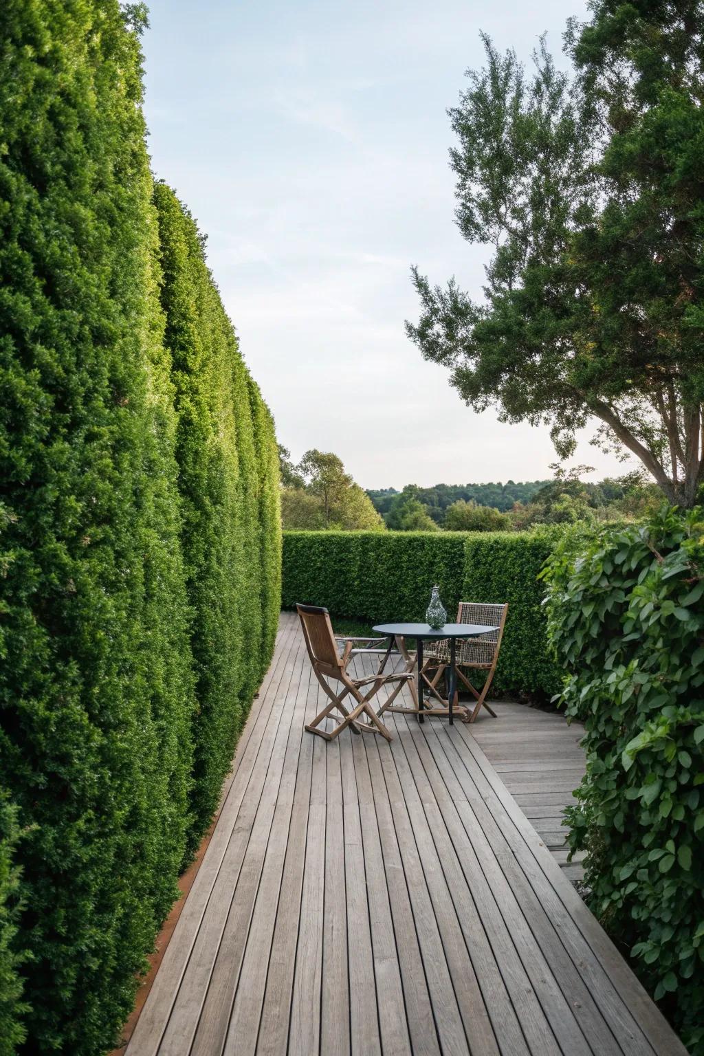 Tall hedges provide a lush, green privacy barrier around this deck.