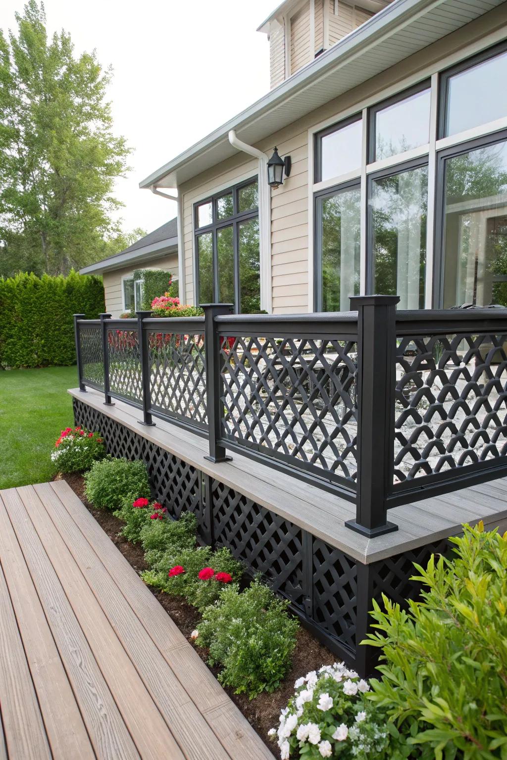 Decorative metal lattice enhances modern deck designs with an industrial touch.