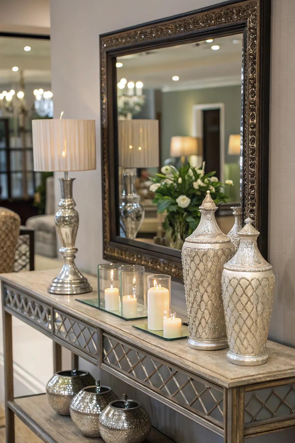 A mirror above a console table enhances the decor.