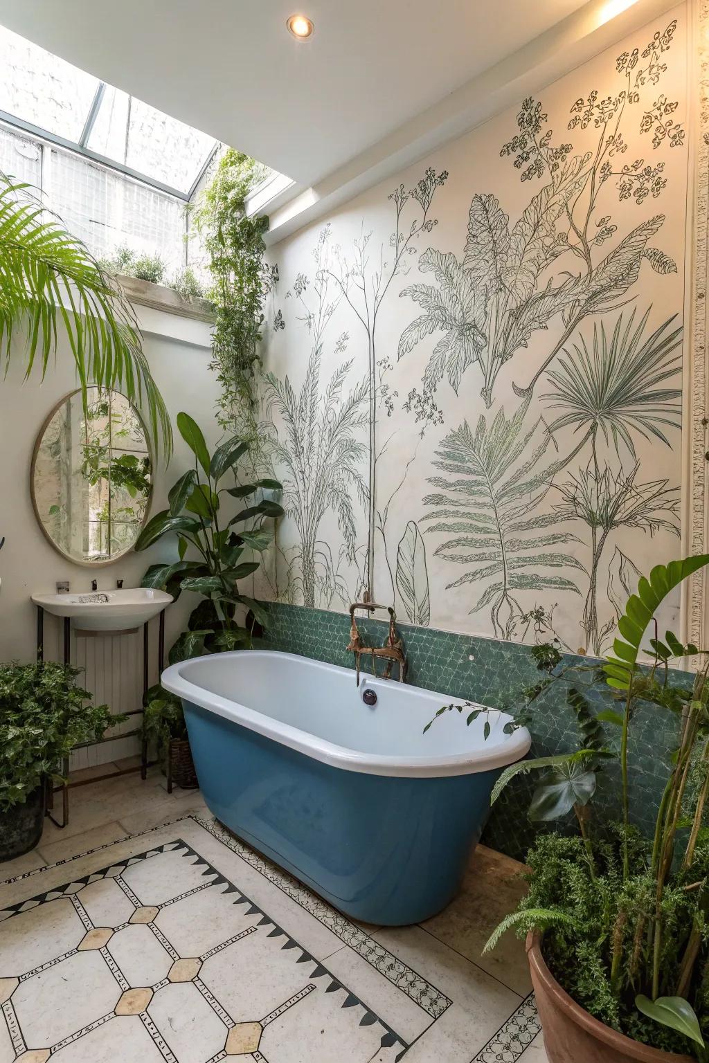 Botanical prints add a refreshing touch to a bathroom with a blue bathtub.