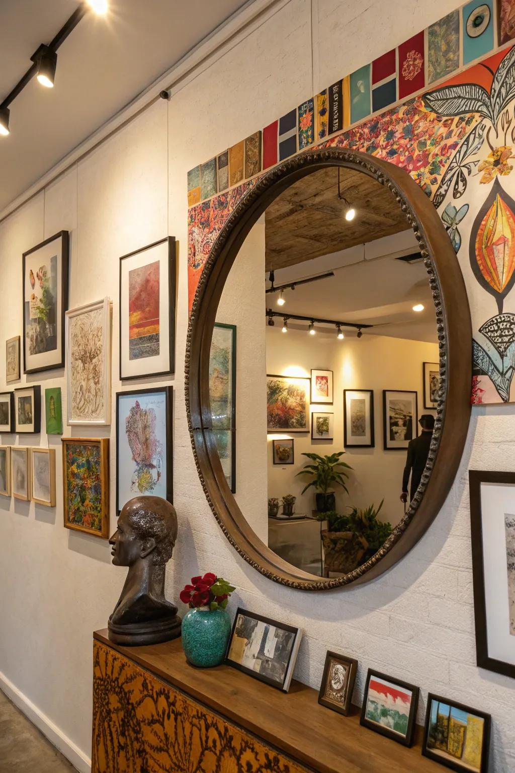 A creative gallery wall with a round mirror adding balance.