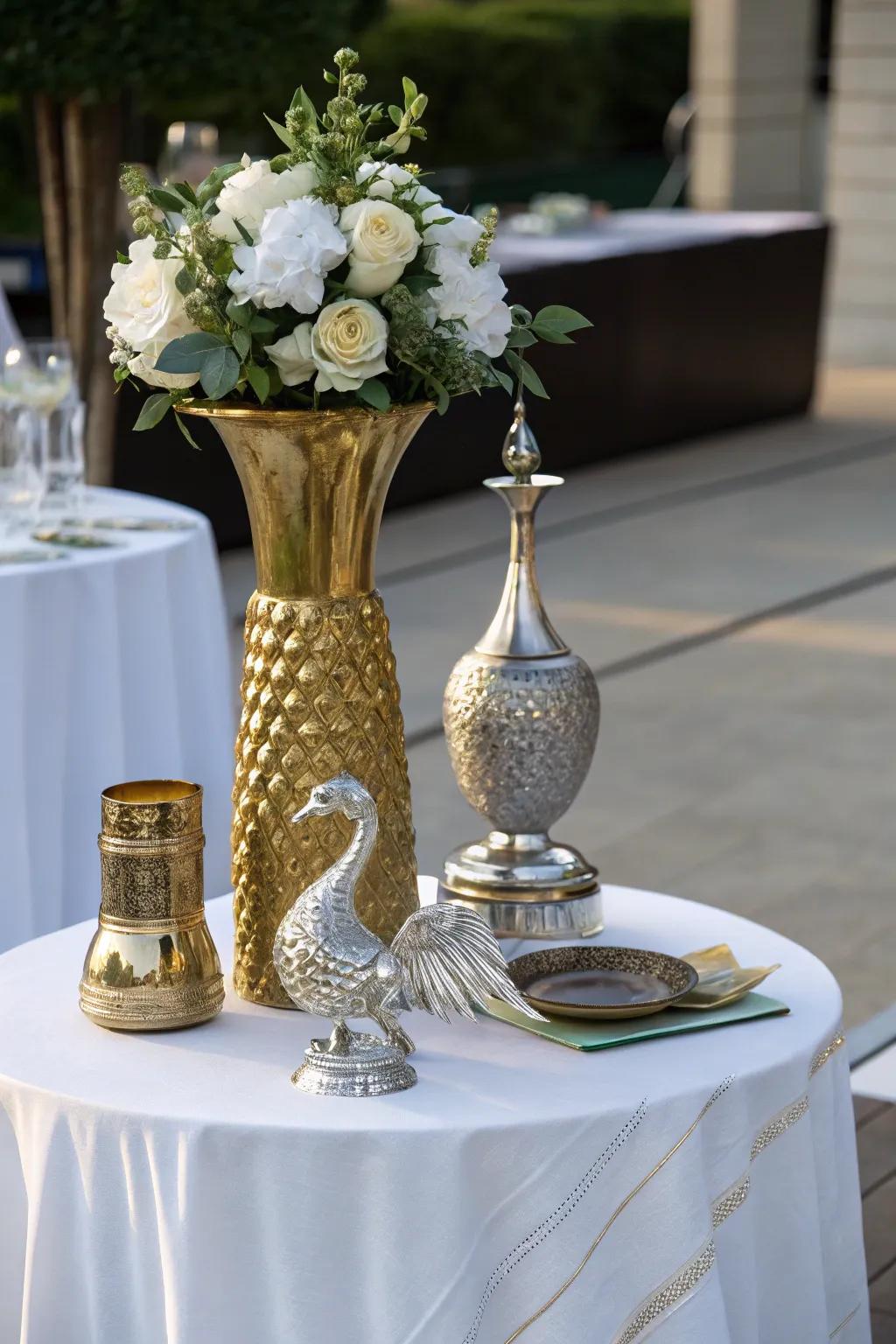 Metallic accents add elegance and shine to your corner table.