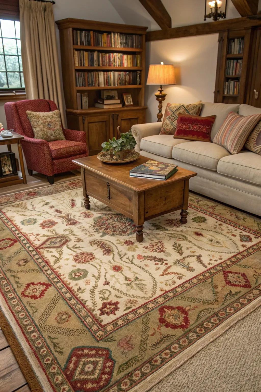 A statement rug can add warmth and character to your den.