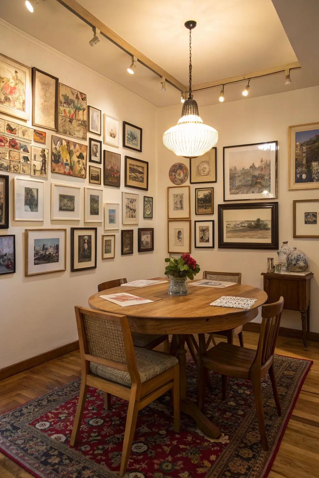 A gallery wall adds character and personal touch to the dining room.