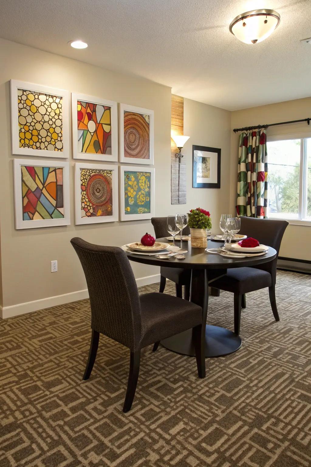 Carpet tiles offer comfort and versatility for dining areas.