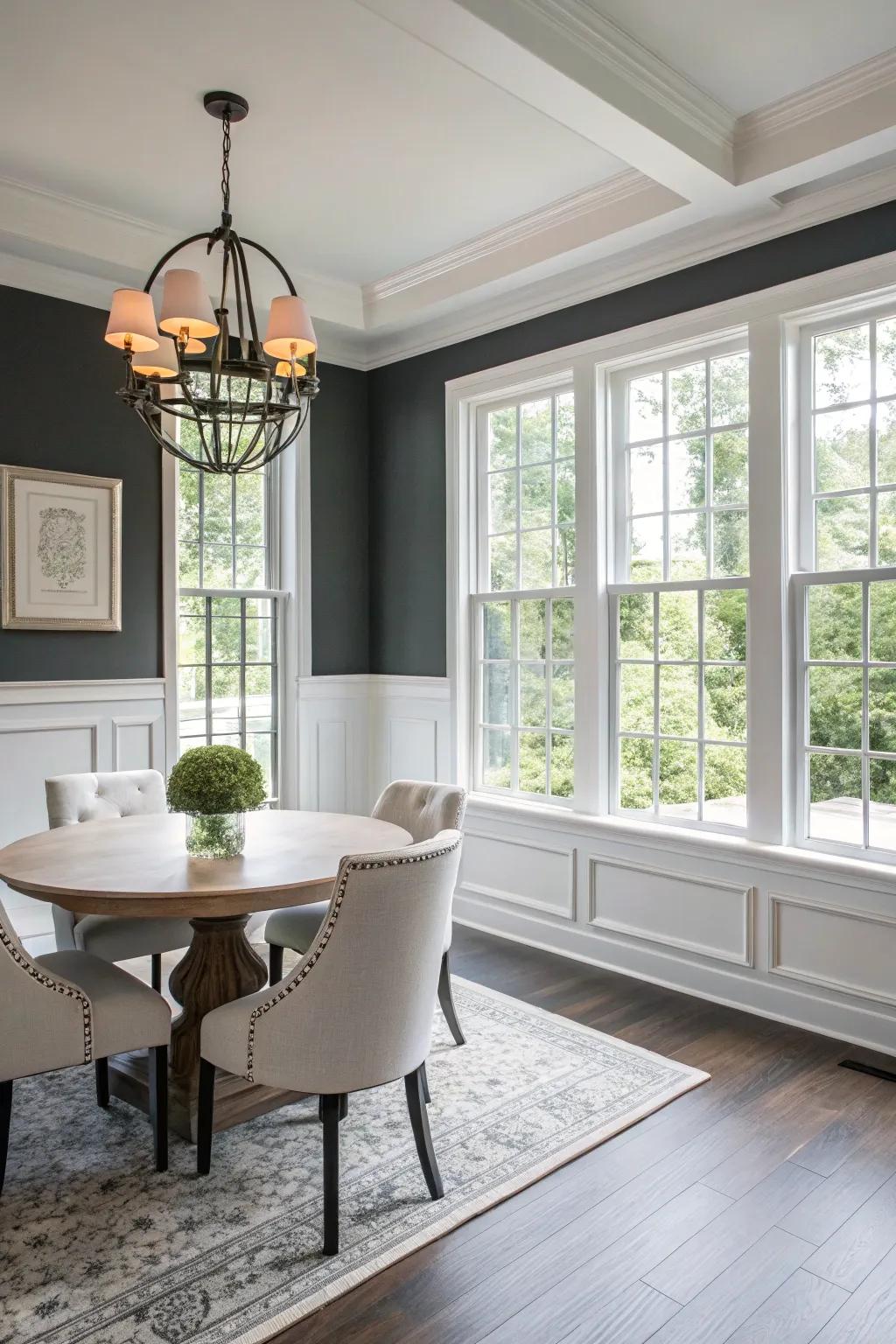 A dramatic dining room with charcoal and white contrasting tones.