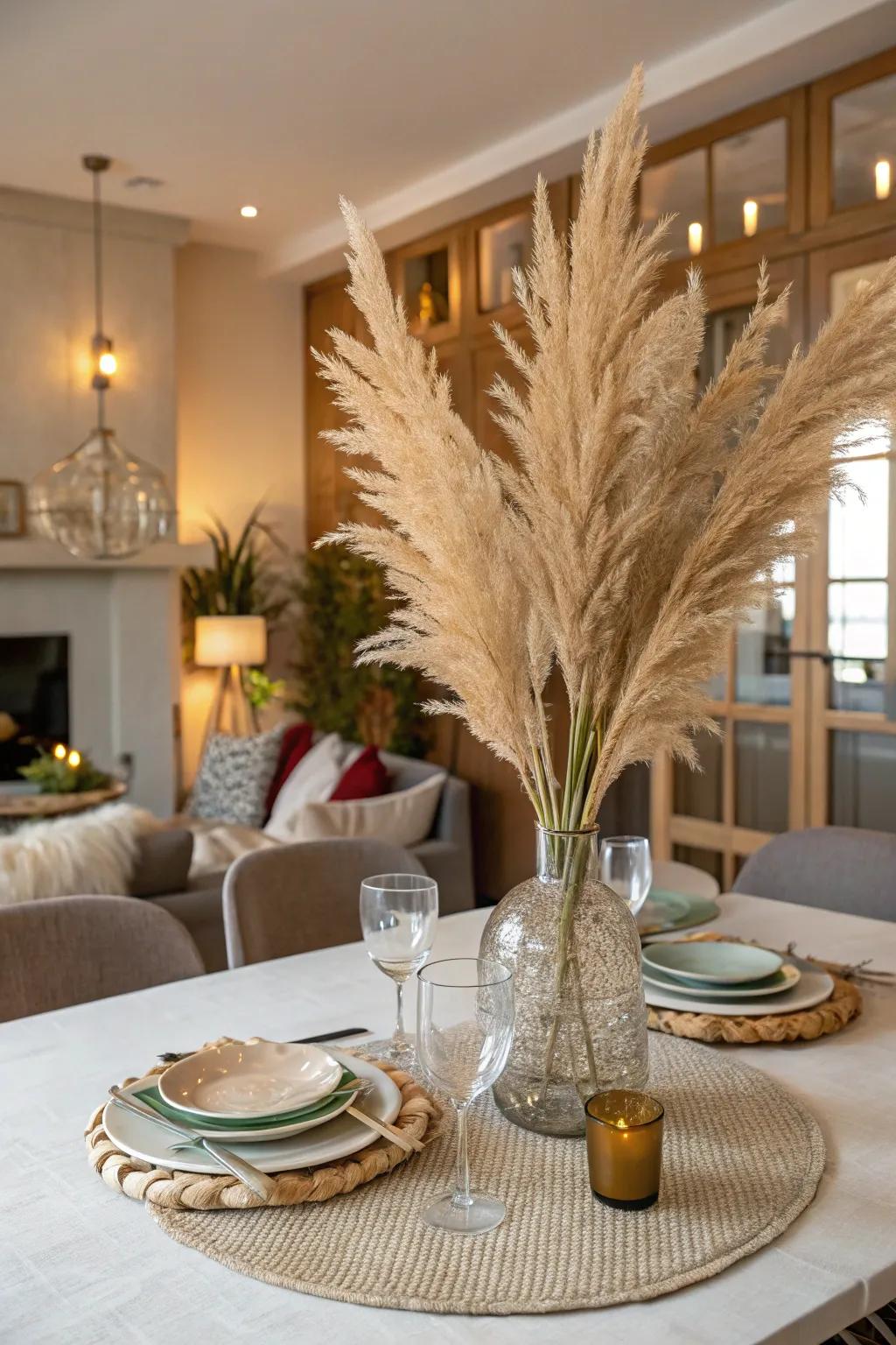 A chic and modern centerpiece featuring pampas grass in tall vases, adding height and texture.