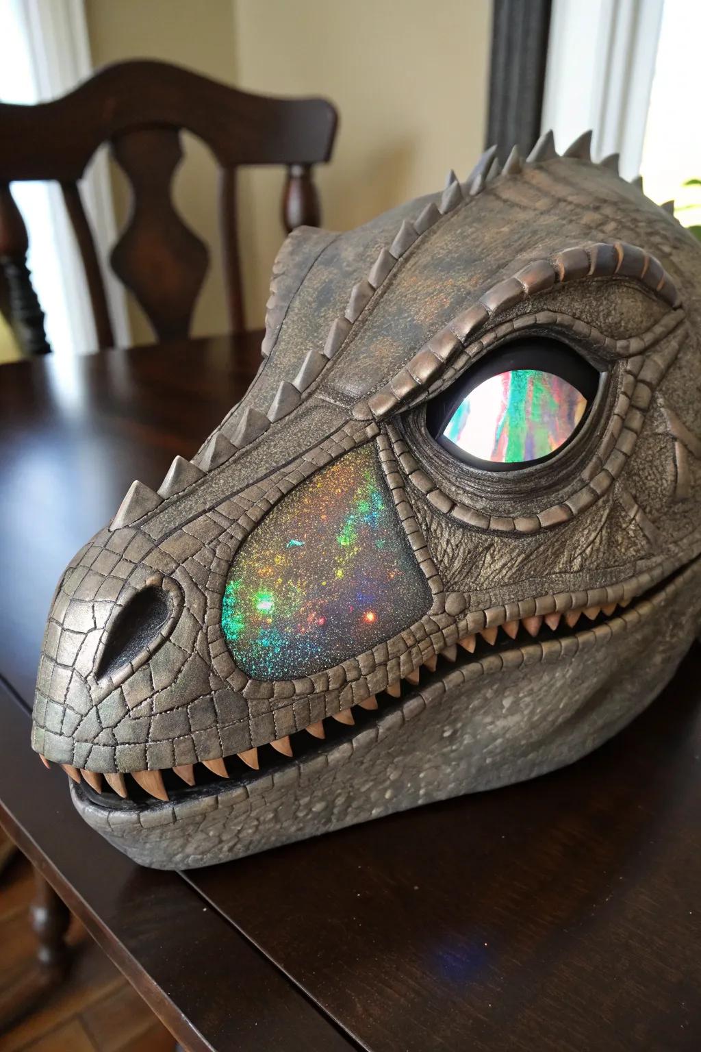 Elevate your dino mask game with mesmerizing holographic eyes. Step into the future of craftsmanship!