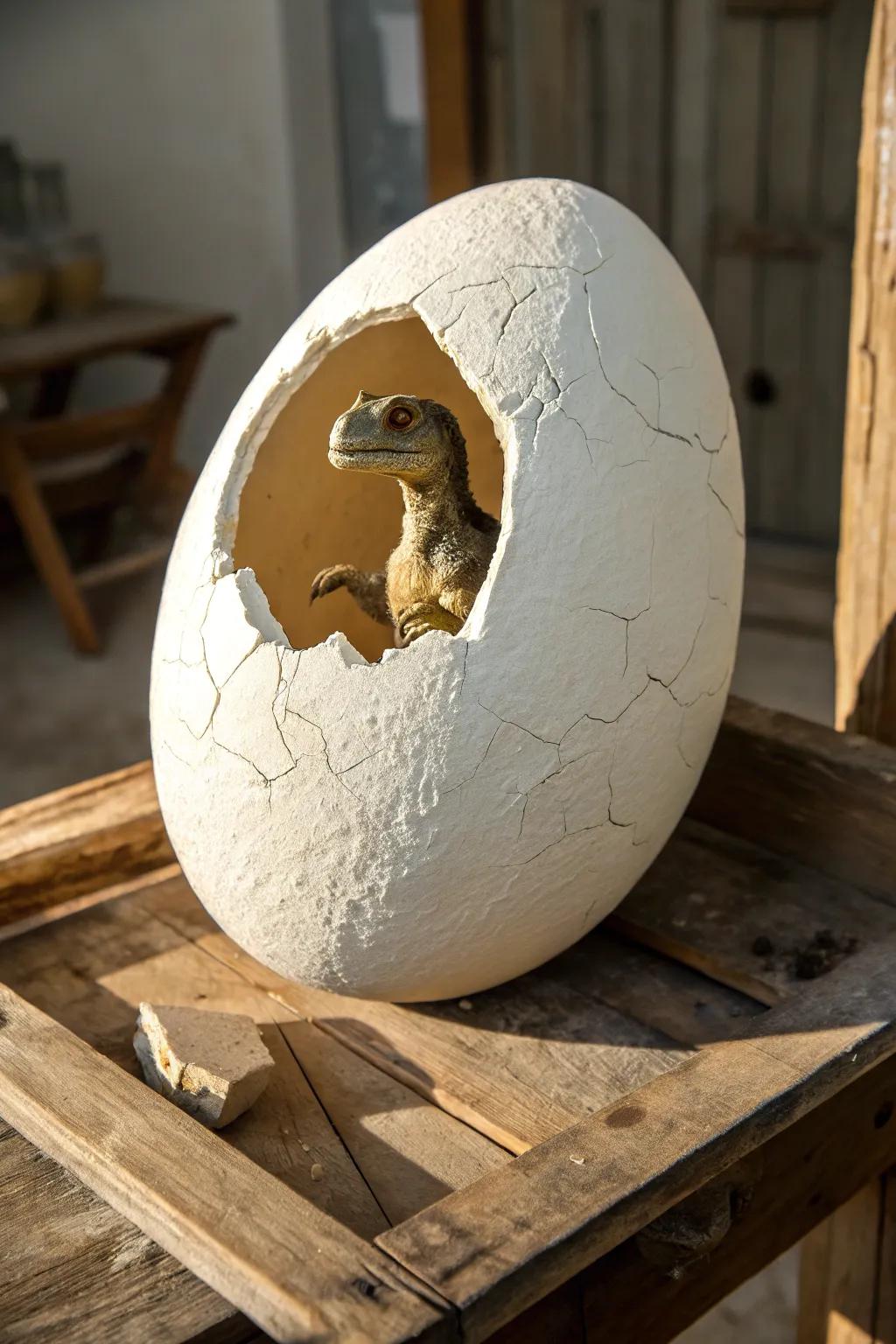 Unleash the adventure with a handcrafted plaster dinosaur egg!