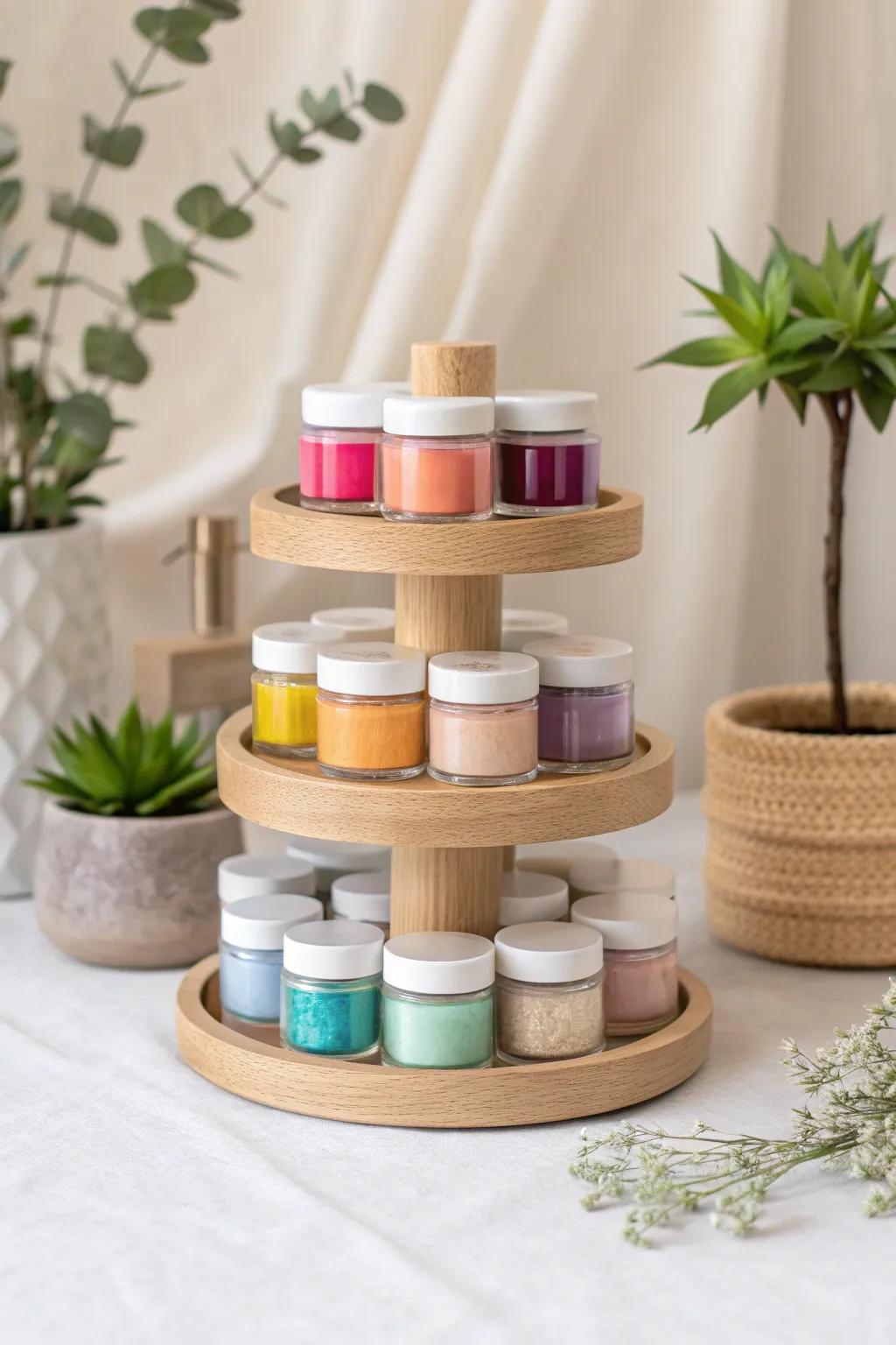 Elevate your organization game with these chic stackable racks – where simplicity meets style and every shade finds its place!