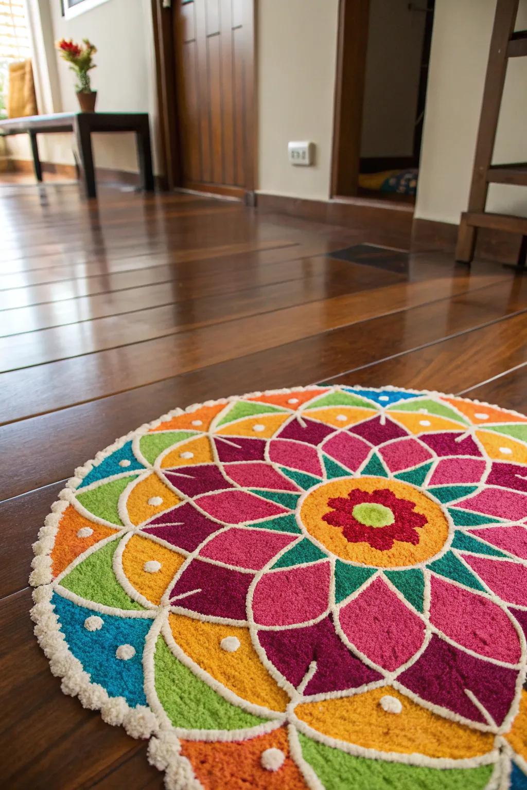 Experiment with colors using a vibrant rice rangoli.