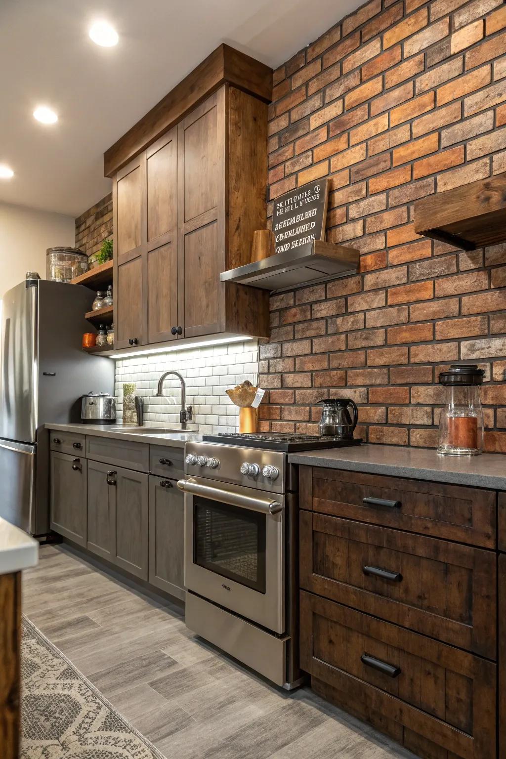 Faux brick creates an industrial chic look.