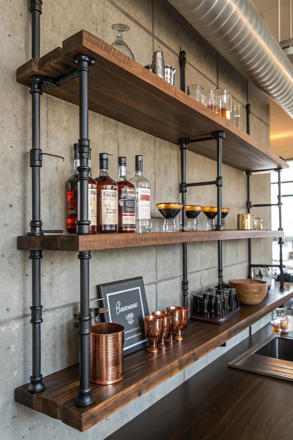 Elevate your home bar with the rugged charm of industrial pipe shelving – where urban style meets sophisticated craftsmanship.