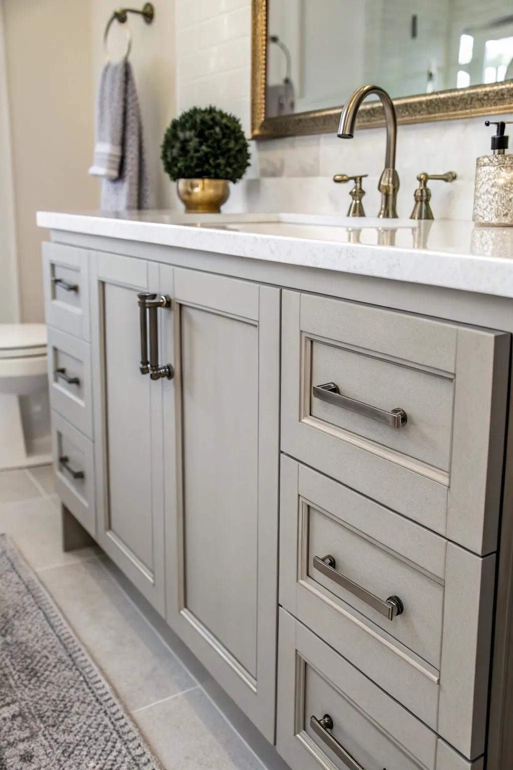 New cabinet hardware can refresh the look of your bathroom.