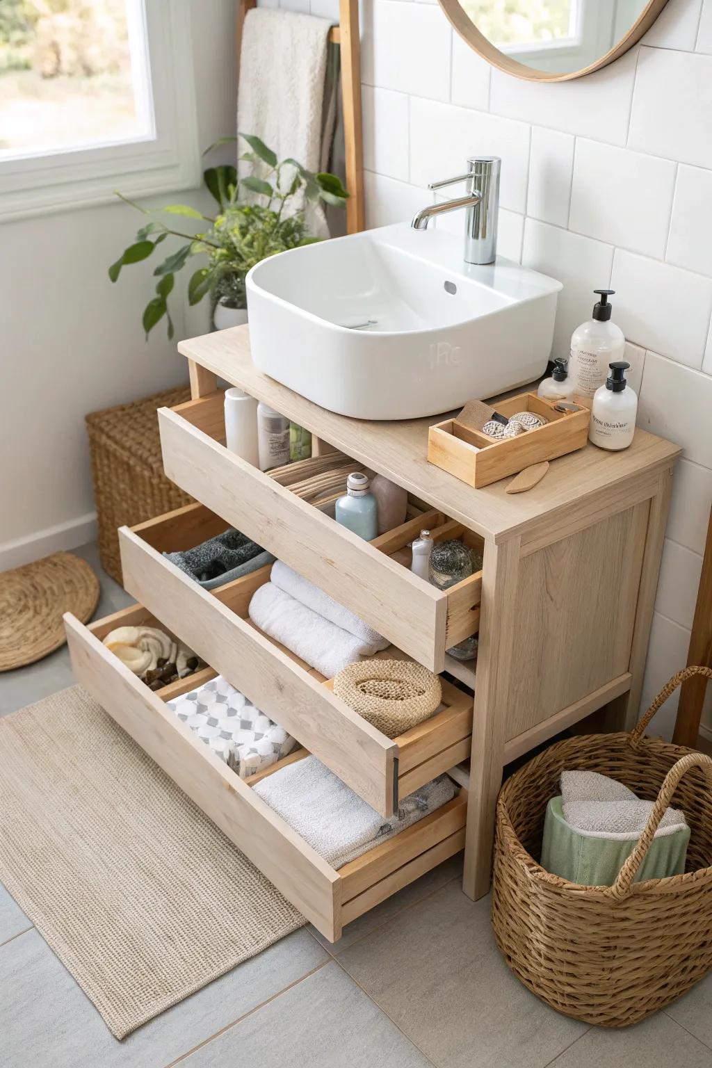 Elevate your bathroom with under-sink mastery: beauty in simplicity and organization.