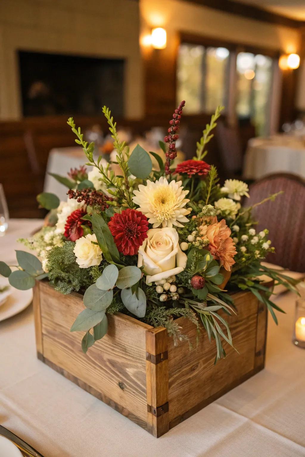 Charming rustic wooden box centerpiece