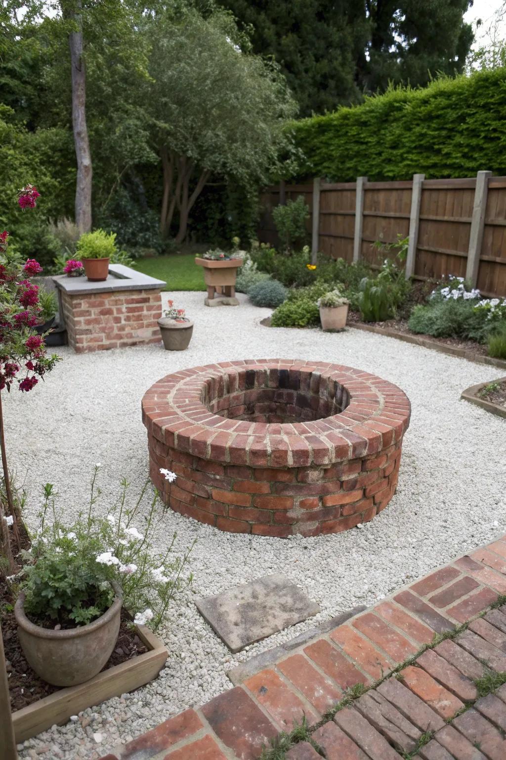 A gravel patio beautifully frames this functional brick fire pit.