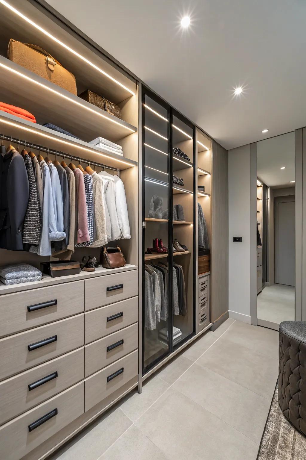 Built-in organizers bring a sleek, custom feel to any closet.