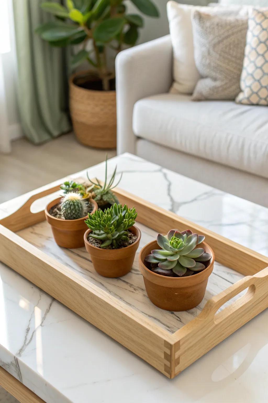 Bring a touch of nature indoors with a minimalist succulent garden on your coffee table tray.