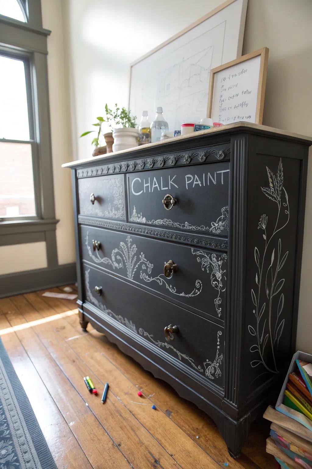 Transform your space with a DIY chalkboard dresser – where artistry meets functionality.