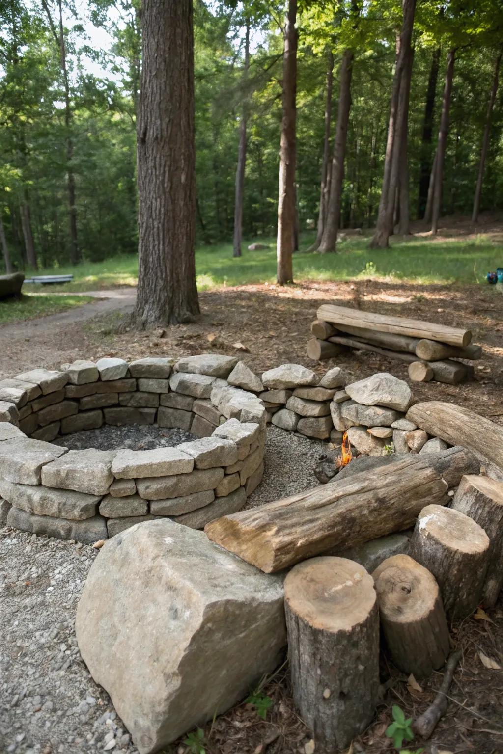 A stacked stone fire pit provides an organic aesthetic.