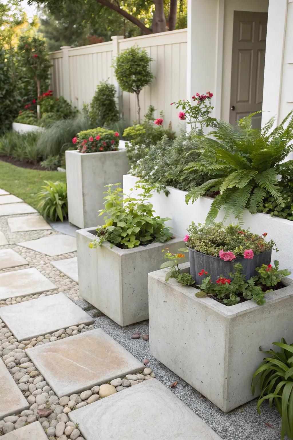 Concrete planters offer a sleek, modern look for any garden.