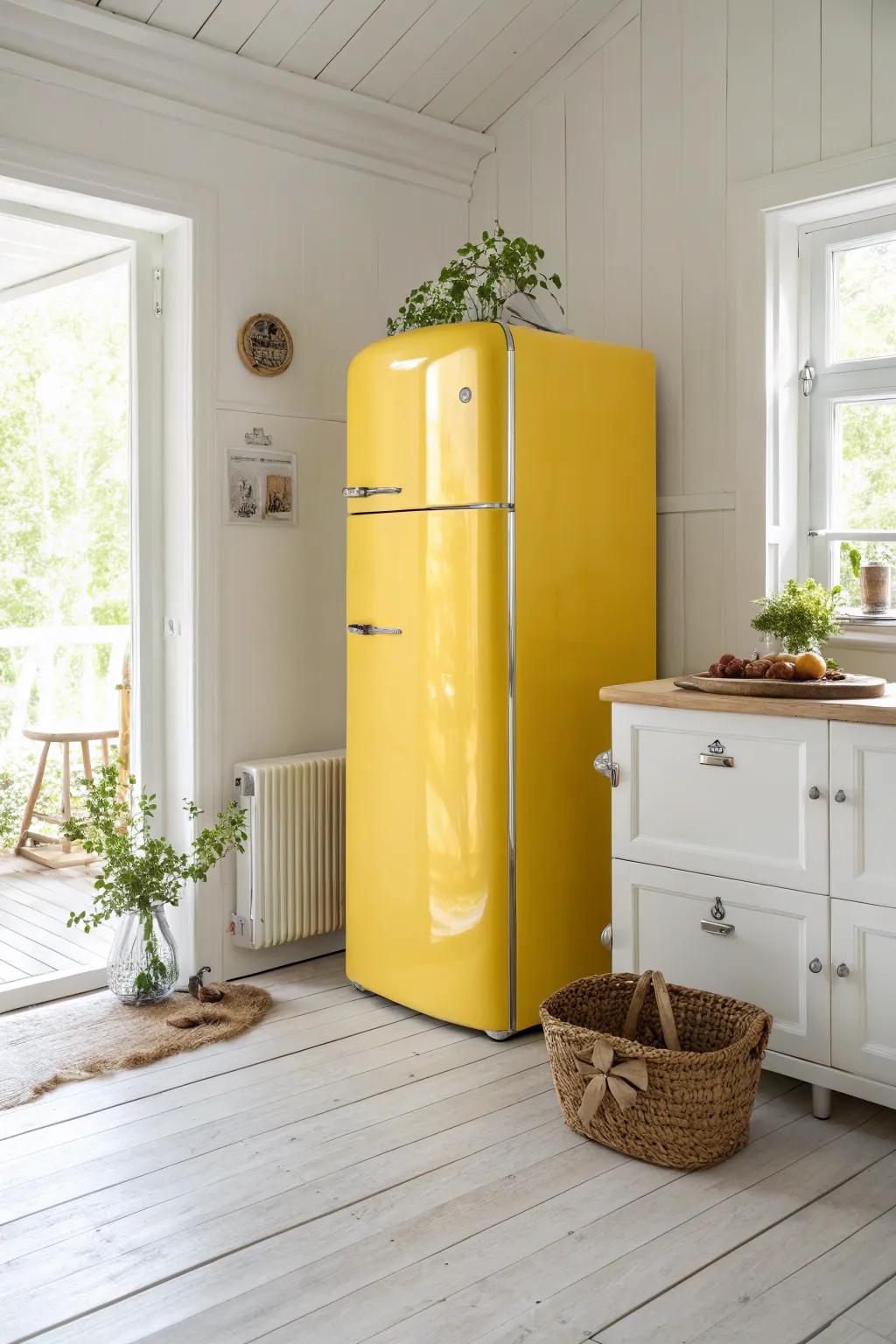Transform your kitchen with a bold color splash! This sunny yellow fridge brings a touch of joy and Scandinavian charm to your space.