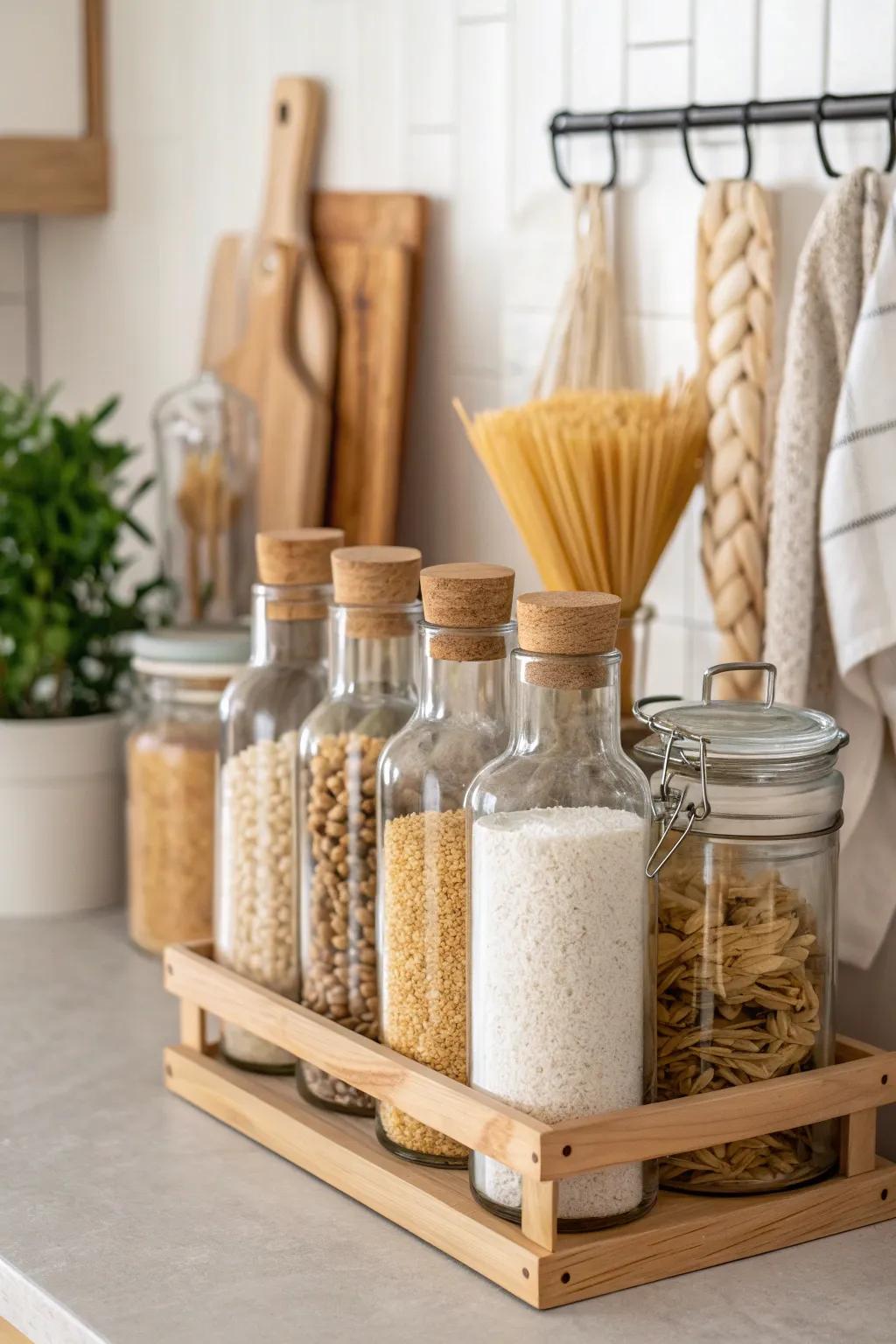 Elevate your pantry with chic glass bottle storage solutions that blend functionality and style effortlessly.