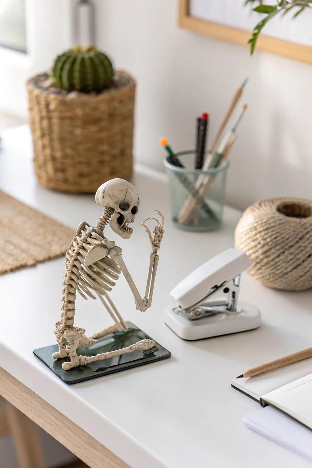 Brighten your workspace with a touch of humor and a dash of minimalist charm—meet your new skeleton desk buddy!