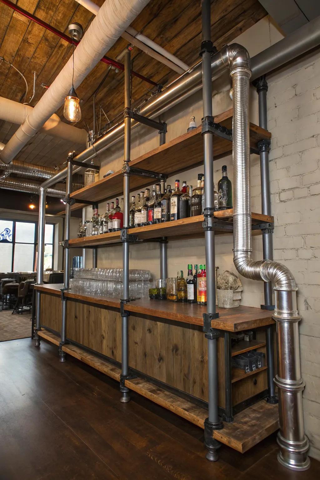 This industrial pipe bar combines metal and wood for a modern yet cozy look.